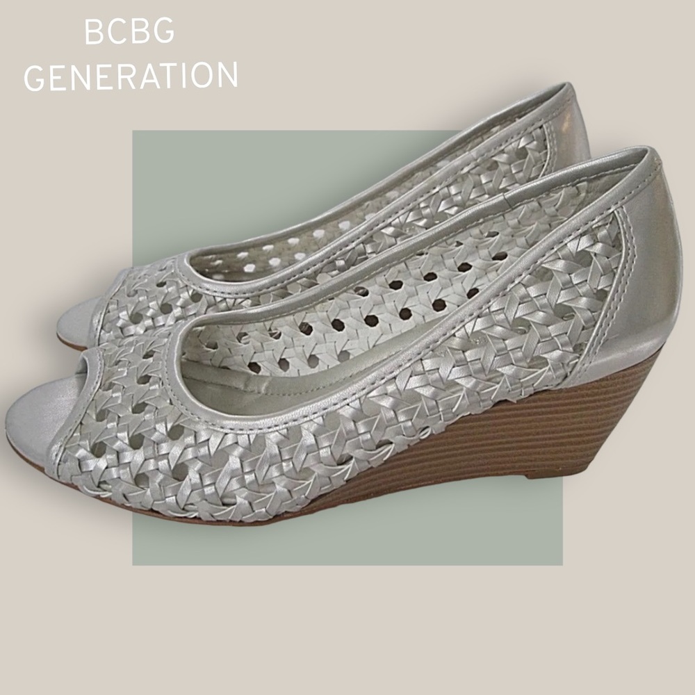 BCBGenervation Tylar Silver Woven Open Toe Wedge Heel - Size 6.5